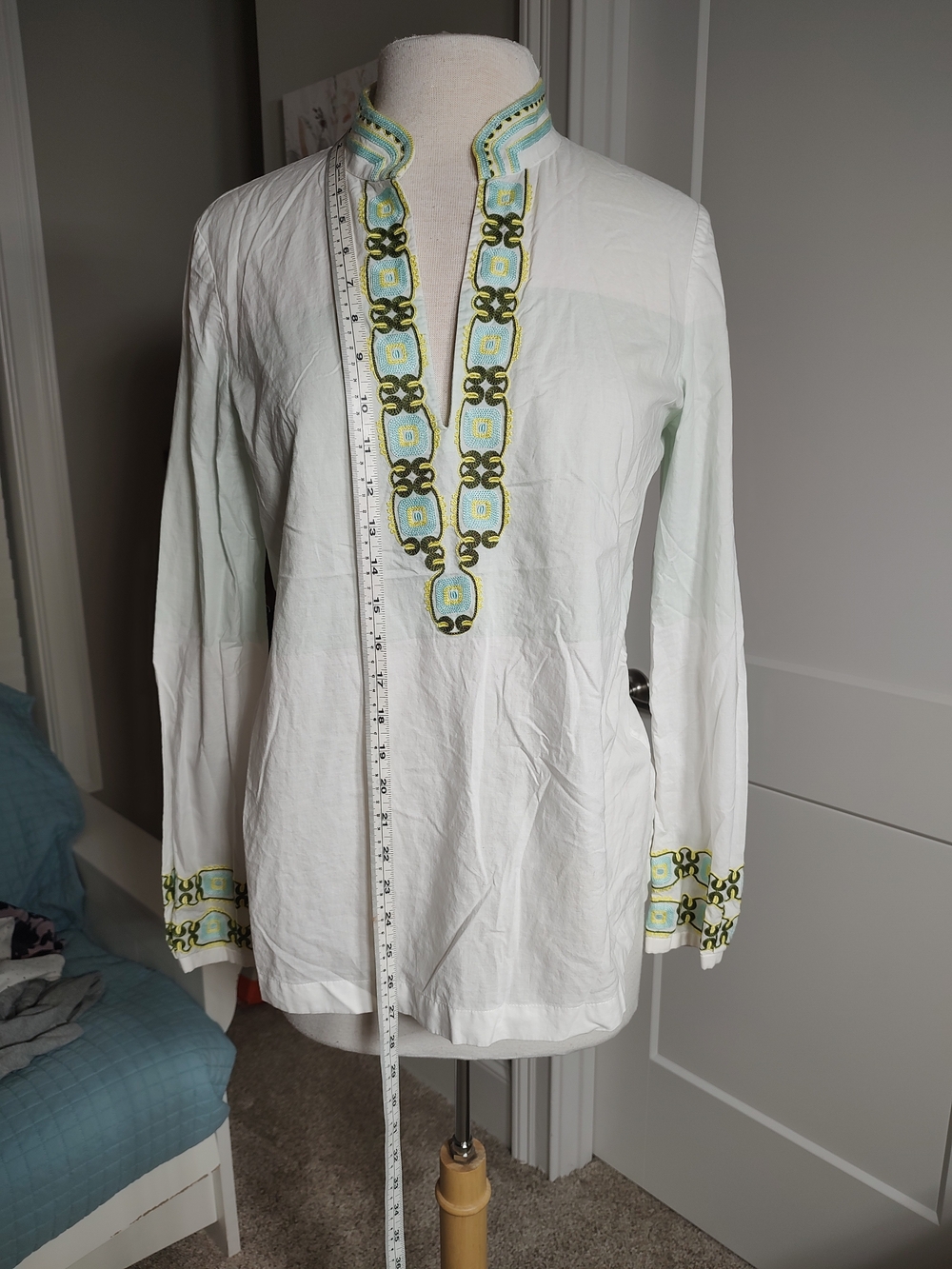 Tory Burch White Tunic with Green and Light Blue Embroidery